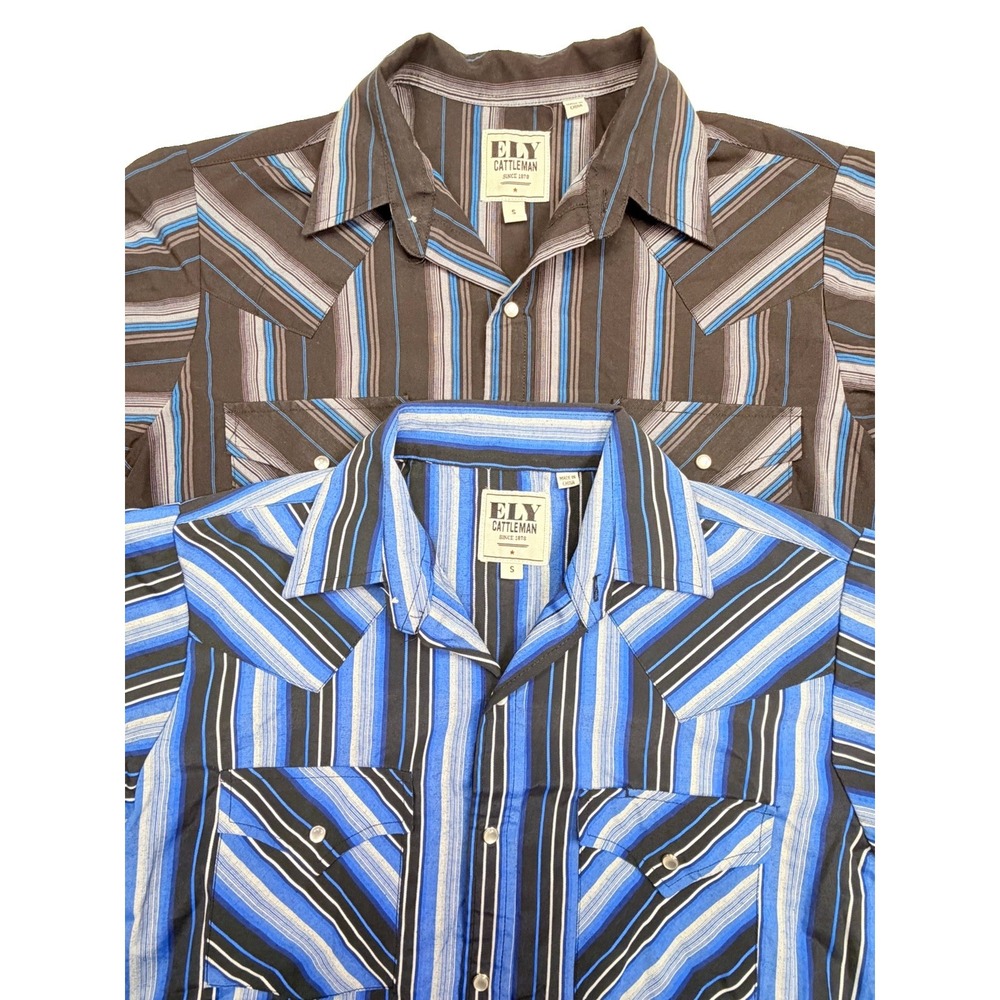 Ely Cattleman Men's S Western Snap Shirts Lot 2 Blue Brown Stripe SS LS